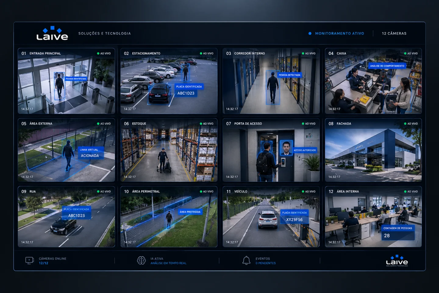 Parede de monitores do Centro de Controle Operacional da Laive com 12 câmeras e análise por IA em tempo real (exemplo conceitual).