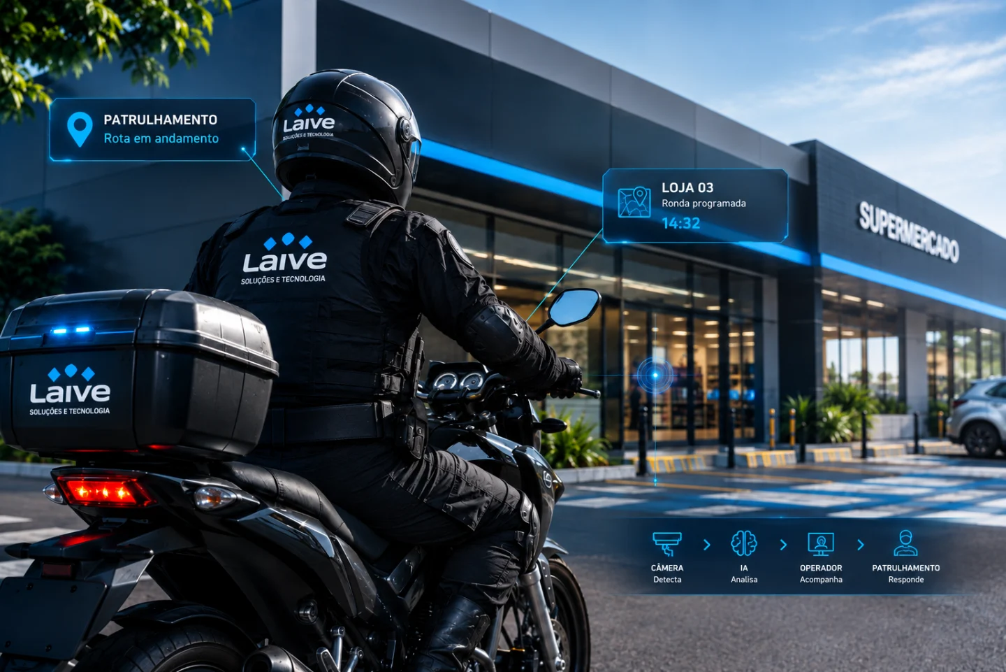 Patrulheiro da Laive em moto, em ronda na frente de uma loja, com acompanhamento do Centro de Controle: rota em andamento e ronda programada.